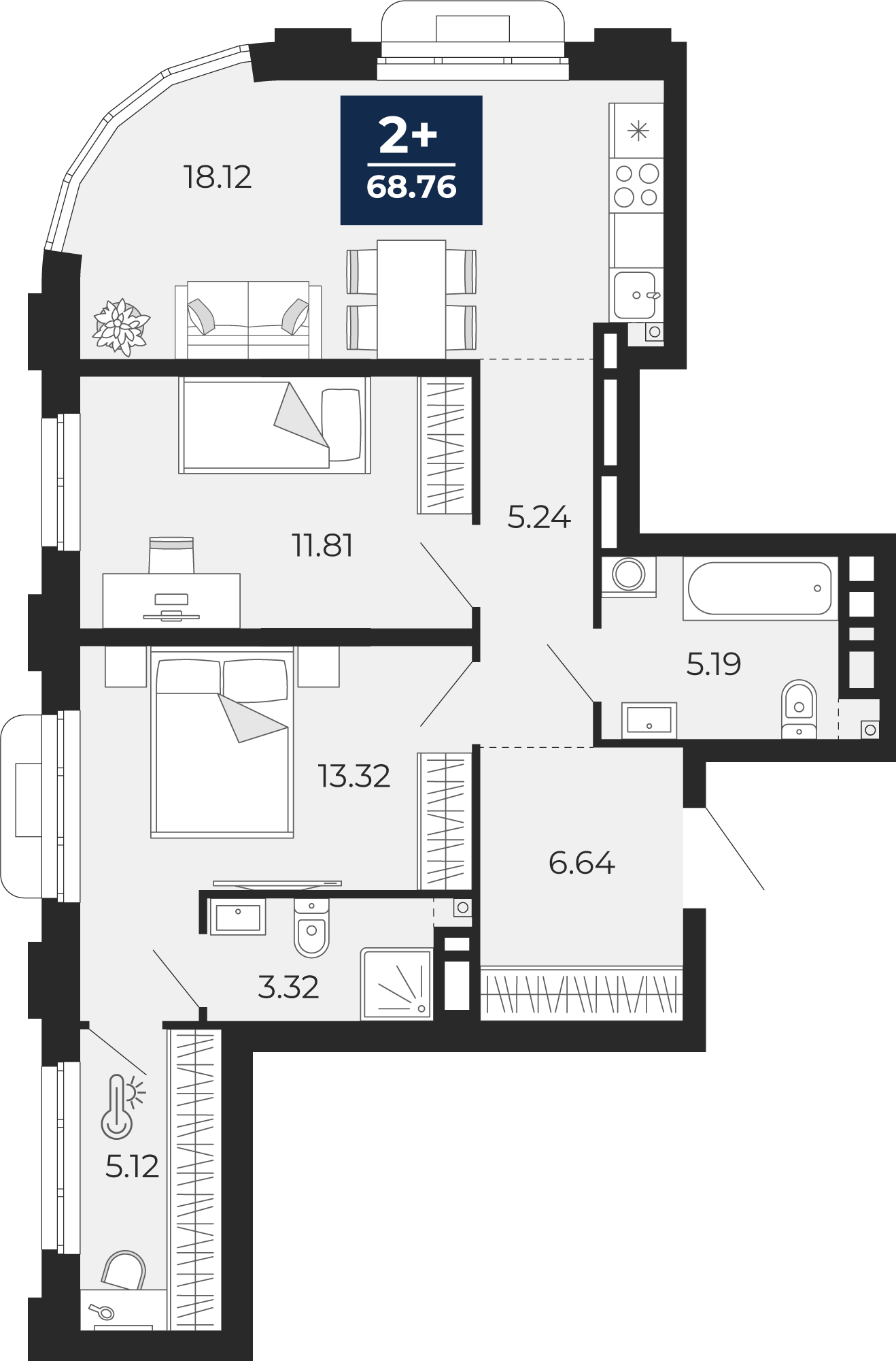 2-комнатная 68 м2 в ЖК Айвазовский корпус null этаж 7