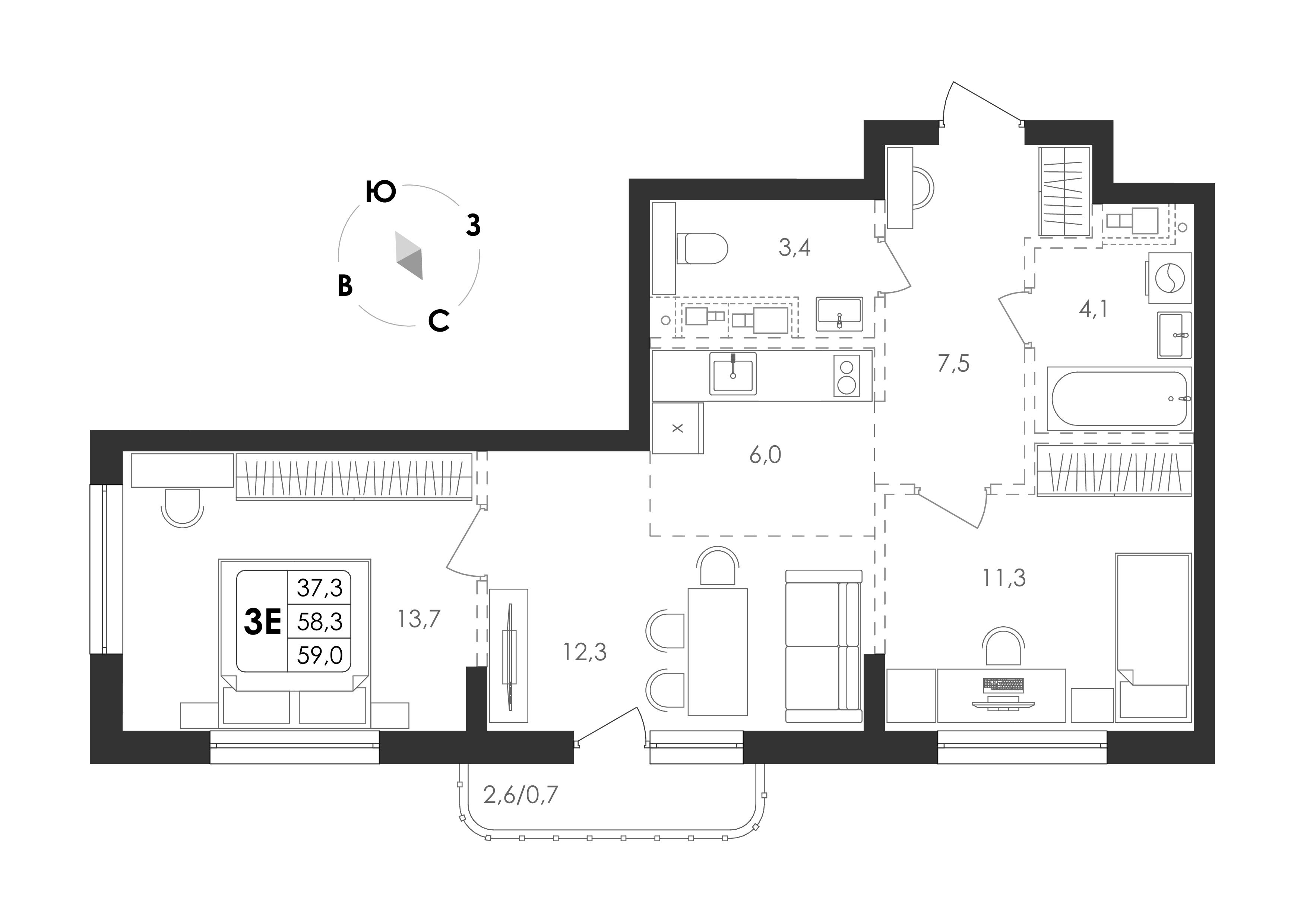 3-комнатная 59 м2 в ЖК Циолковский корпус null этаж 10