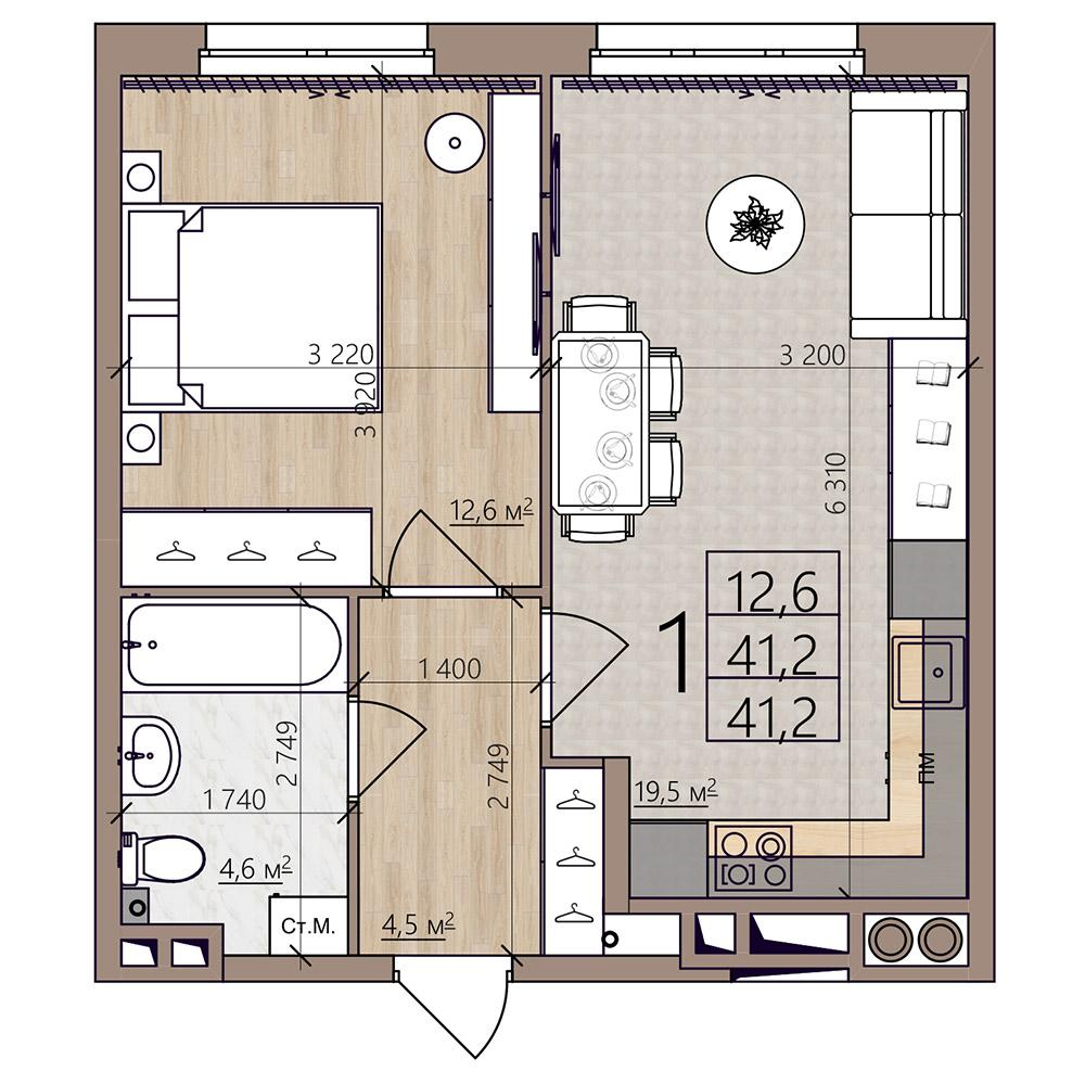 1-комнатная 41 м2 в ЖК Окская стрелка корпус null этаж 2