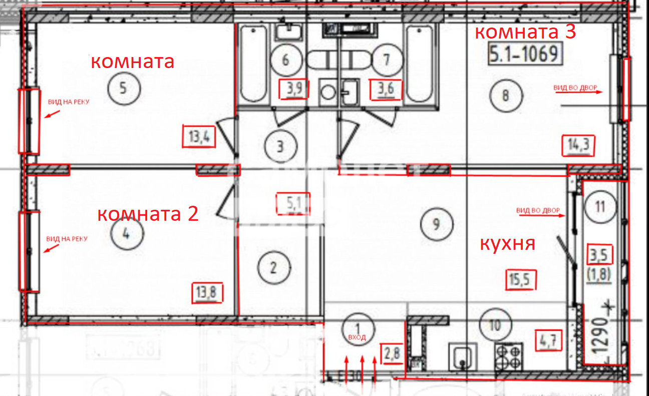 3-комнатная 81.5 м2 в ЖК undefined корпус null этаж 12