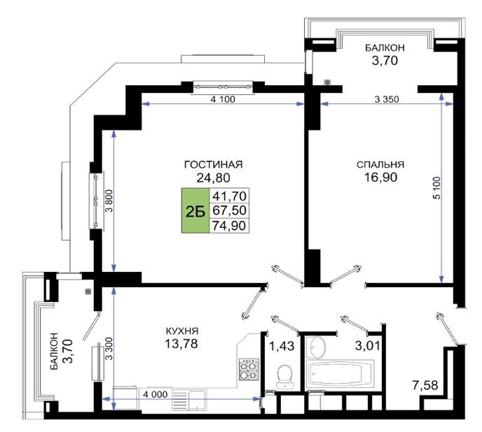 2-комнатная 74.9 м2 в ЖК undefined корпус null этаж 12