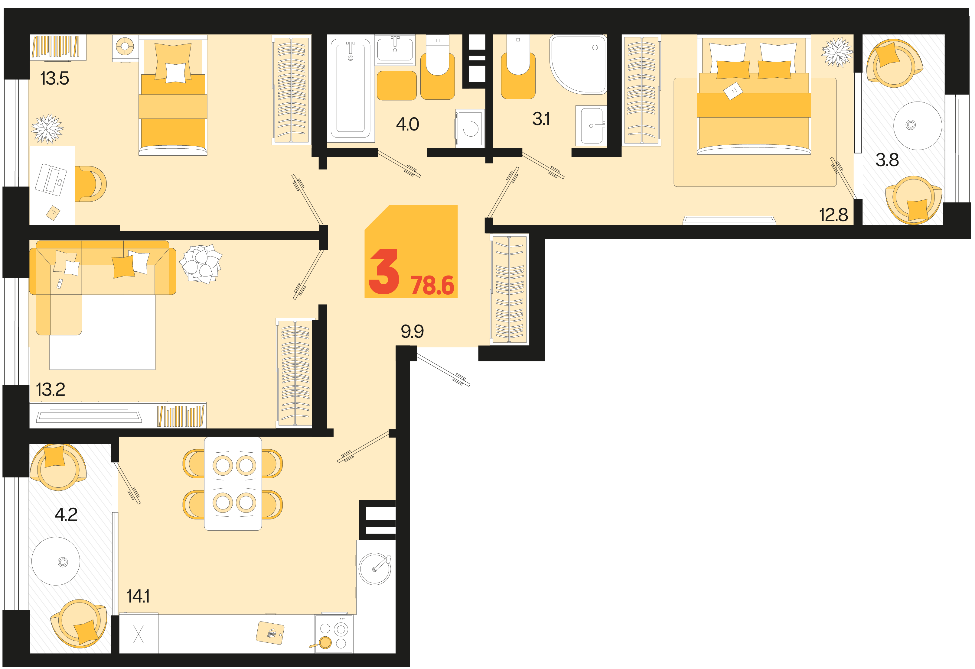 3-комнатная 78 м2 в ЖК Первое место корпус null этаж 5