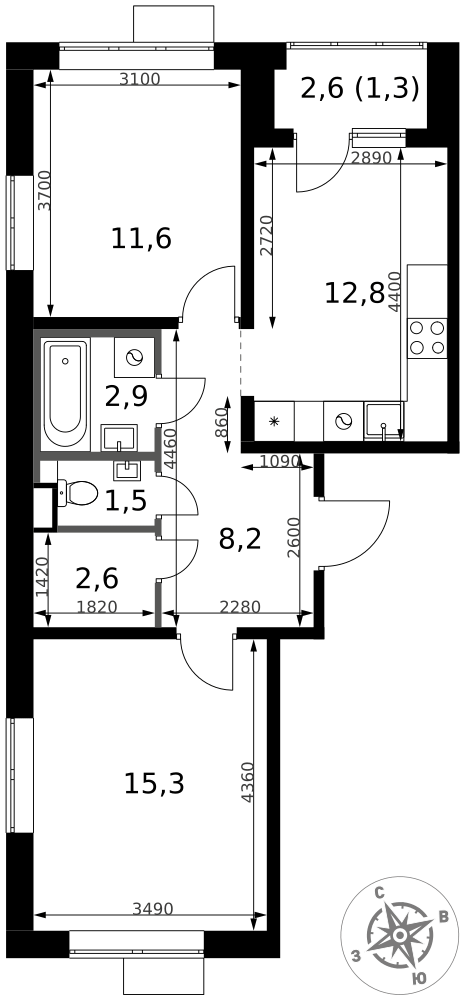 2-комнатная 56 м2 в ЖК 1-й Химкинский корпус null этаж 8