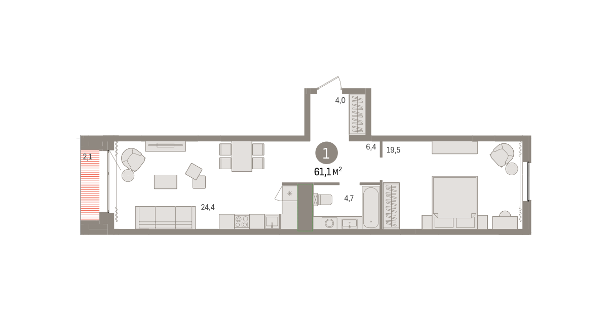 1-комнатная 61 м2 в ЖК Новин корпус null этаж 3