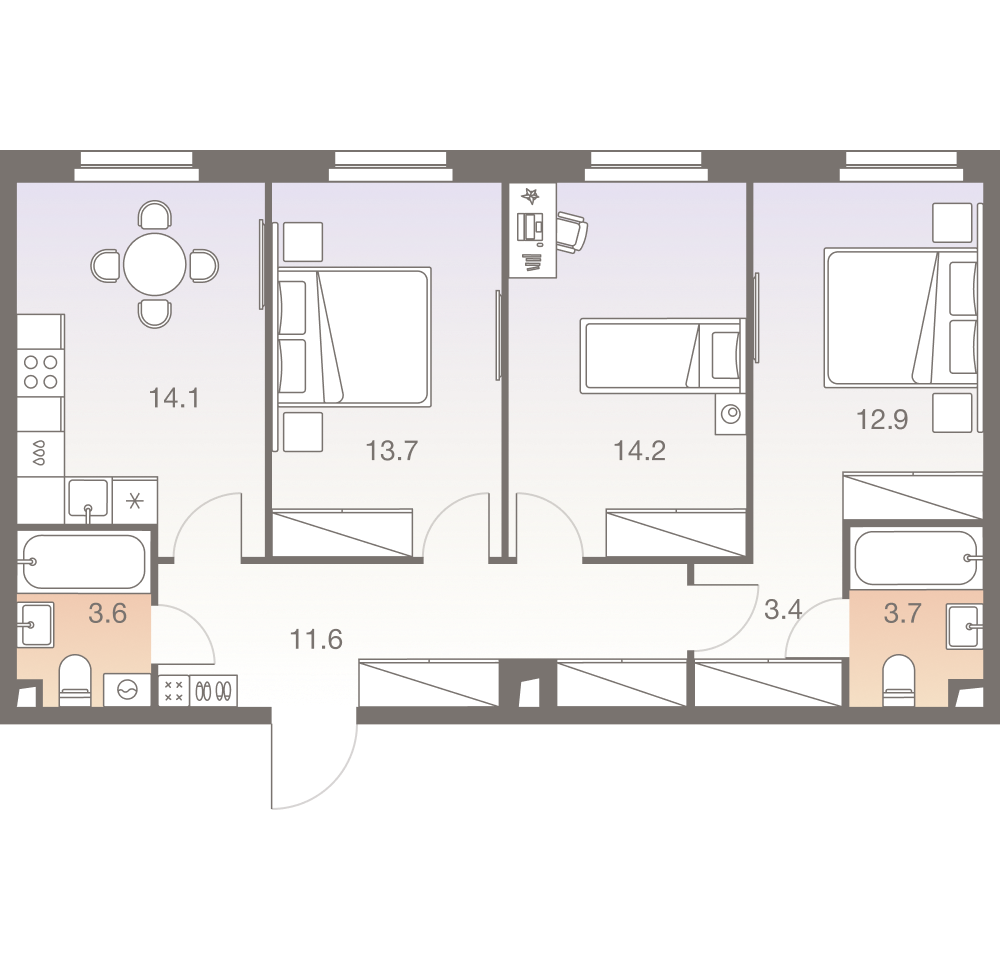 3-комнатная 77 м2 в ЖК Твелв корпус null этаж 5