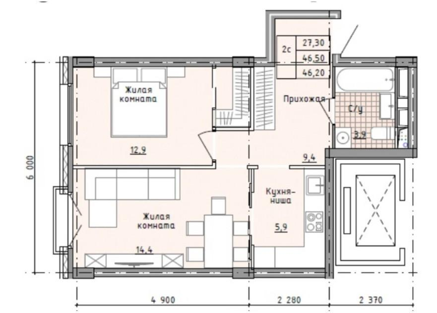2-комнатная 46.4 м2 в ЖК undefined корпус null этаж 25