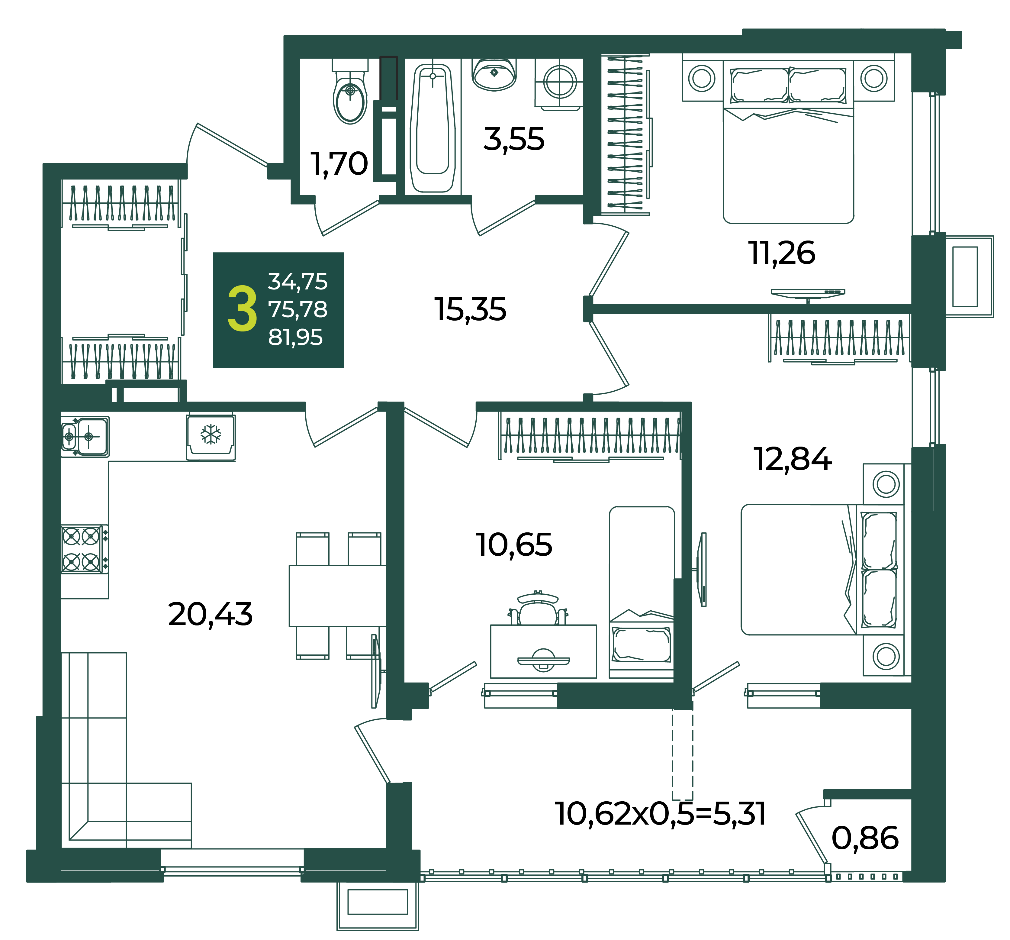 3-комнатная 81 м2 в ЖК Образцово корпус null этаж 12