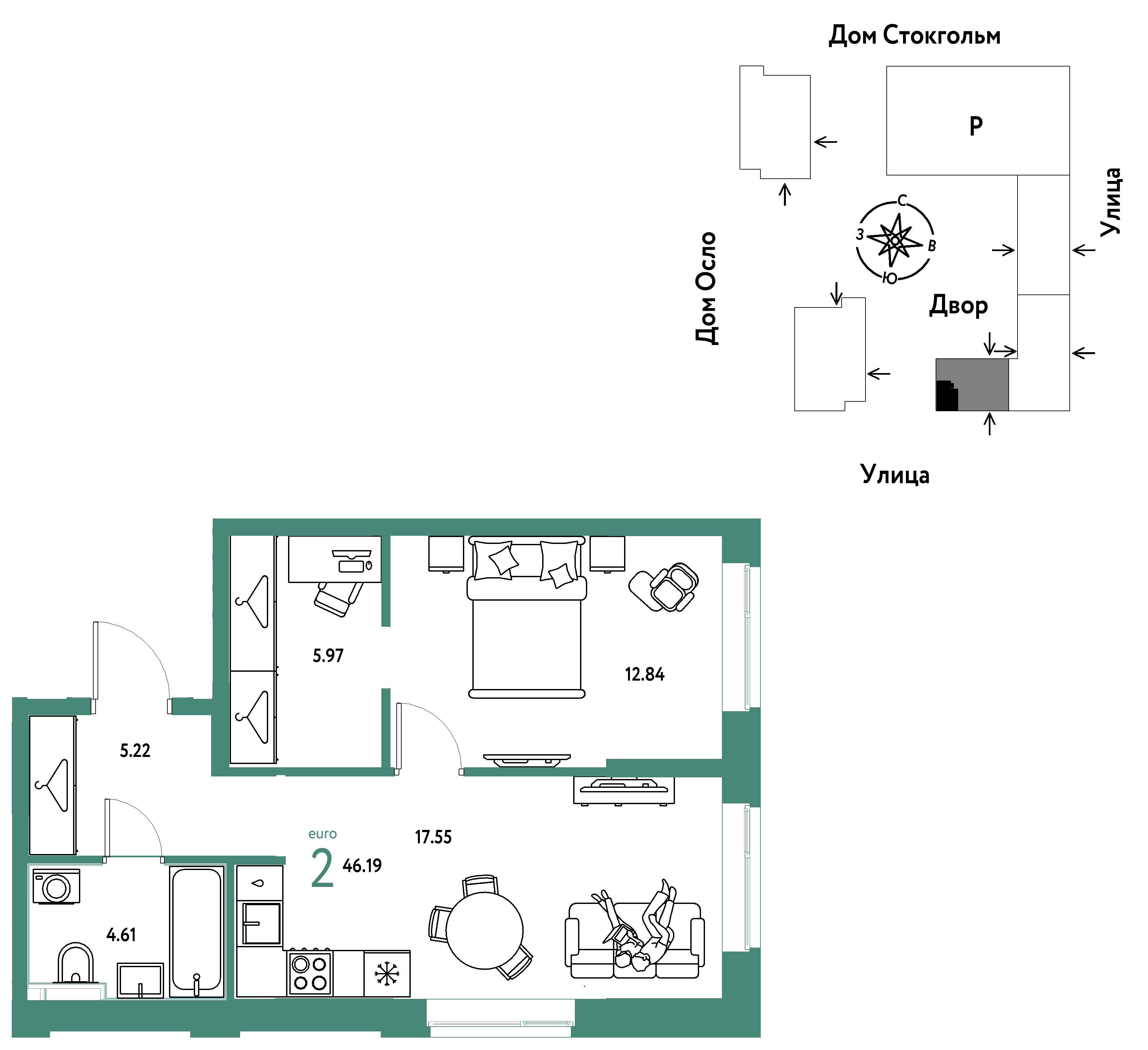 2-комнатная 46 м2 в ЖК Европейский берег 2.0 корпус null этаж 2