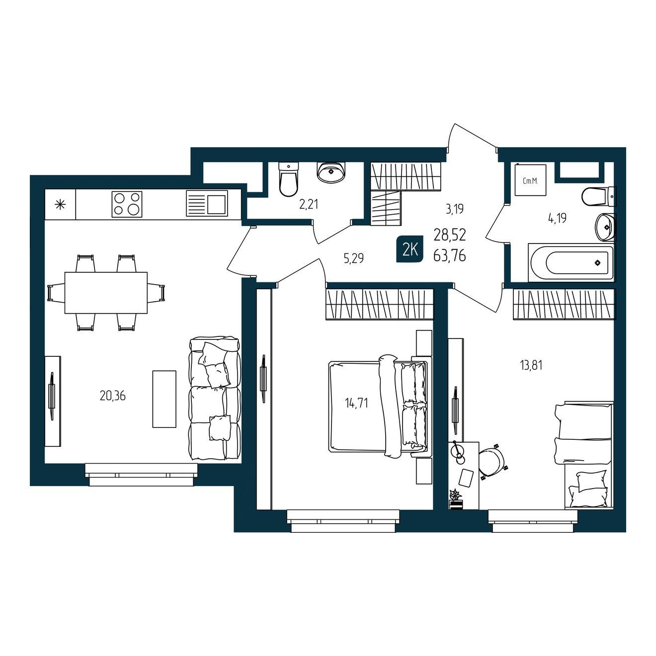 2-комнатная 63 м2 в ЖК Квартал Мятный корпус null этаж 10