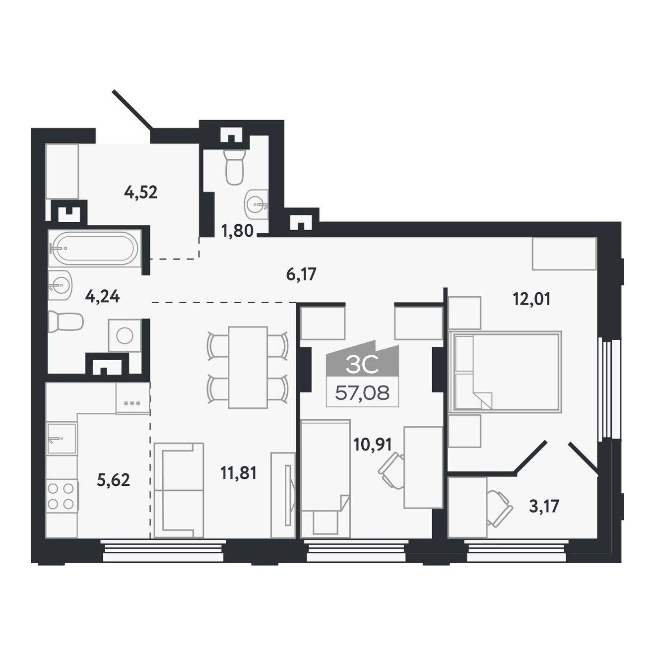 3-комнатная 57 м2 в ЖК Квартал 1604 корпус null этаж 8
