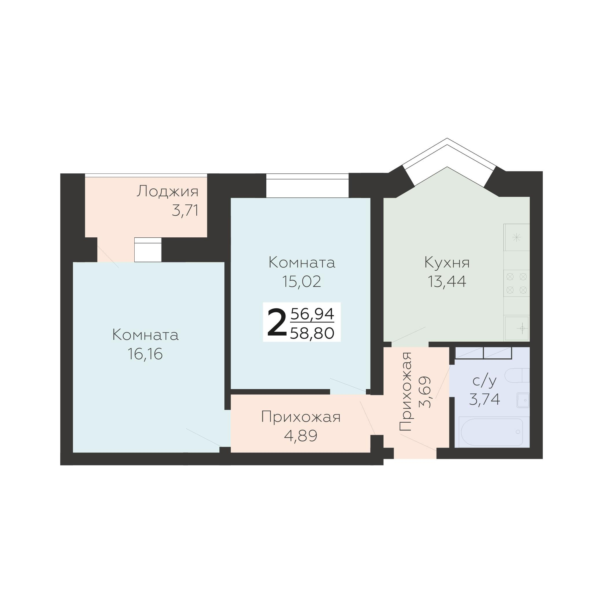 2-комнатная 58 м2 в ЖК Nova парк корпус null этаж 13