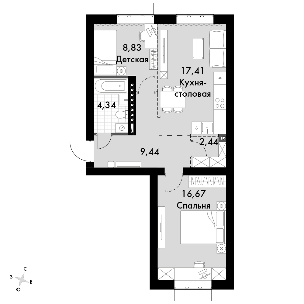 2-комнатная 58 м2 в ЖК Жаворонки Клаб корпус null этаж 4