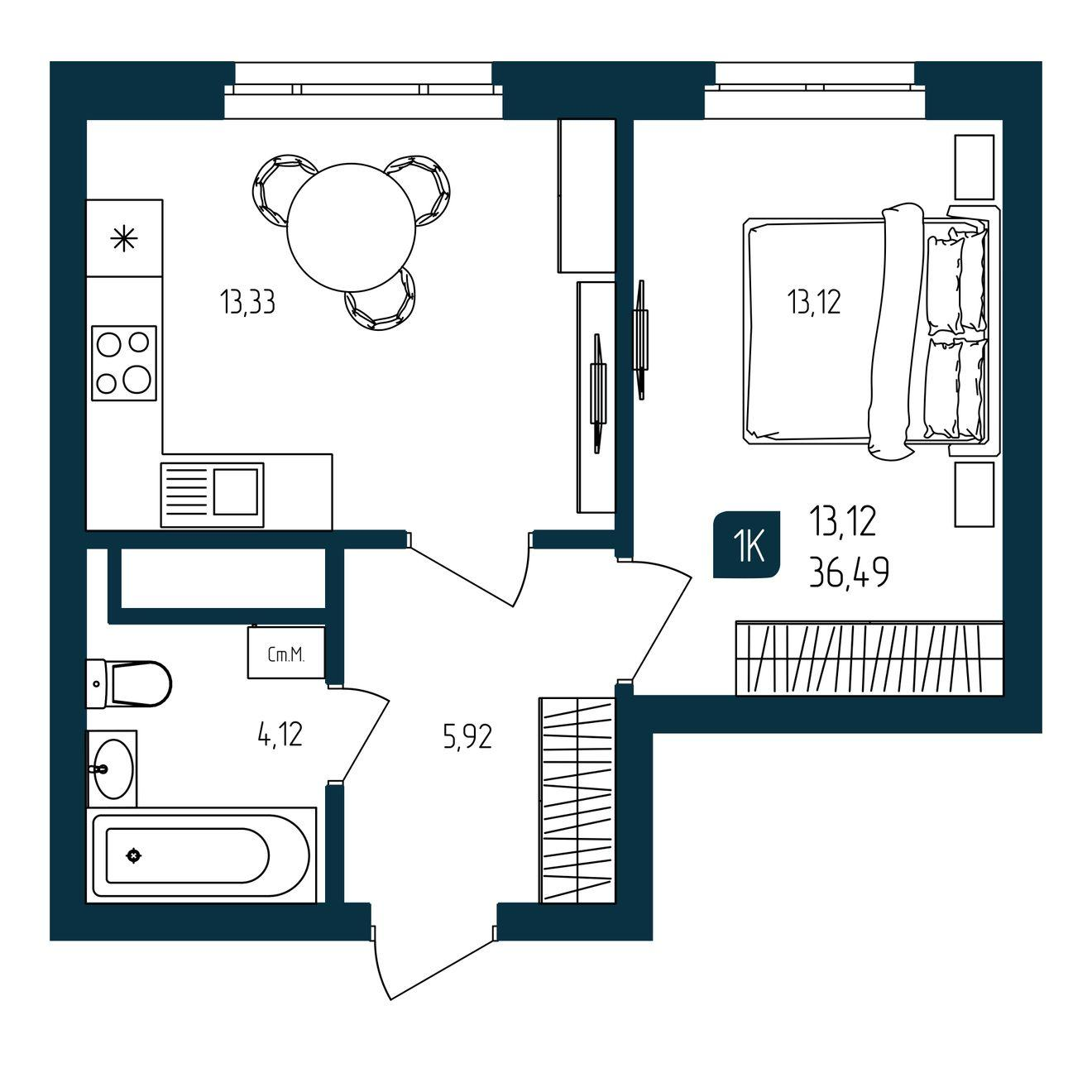 1-комнатная 36 м2 в ЖК Квартал Мятный корпус null этаж 25