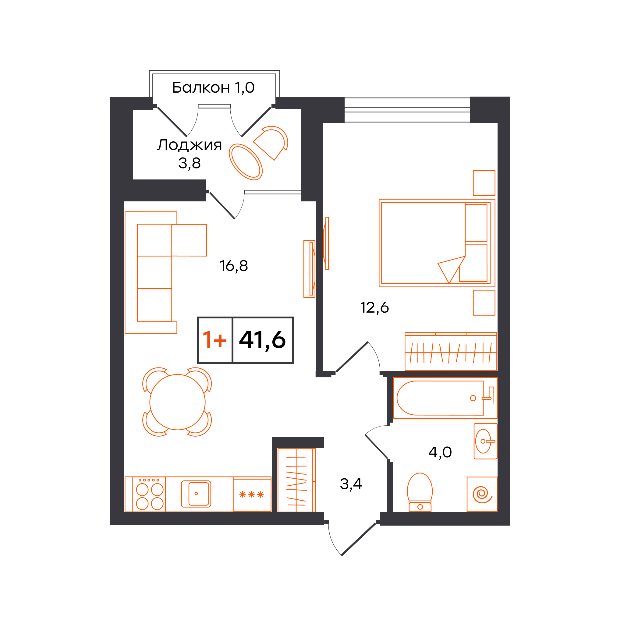 1-комнатная 41 м2 в ЖК УНО. Умный квартал корпус null этаж 12