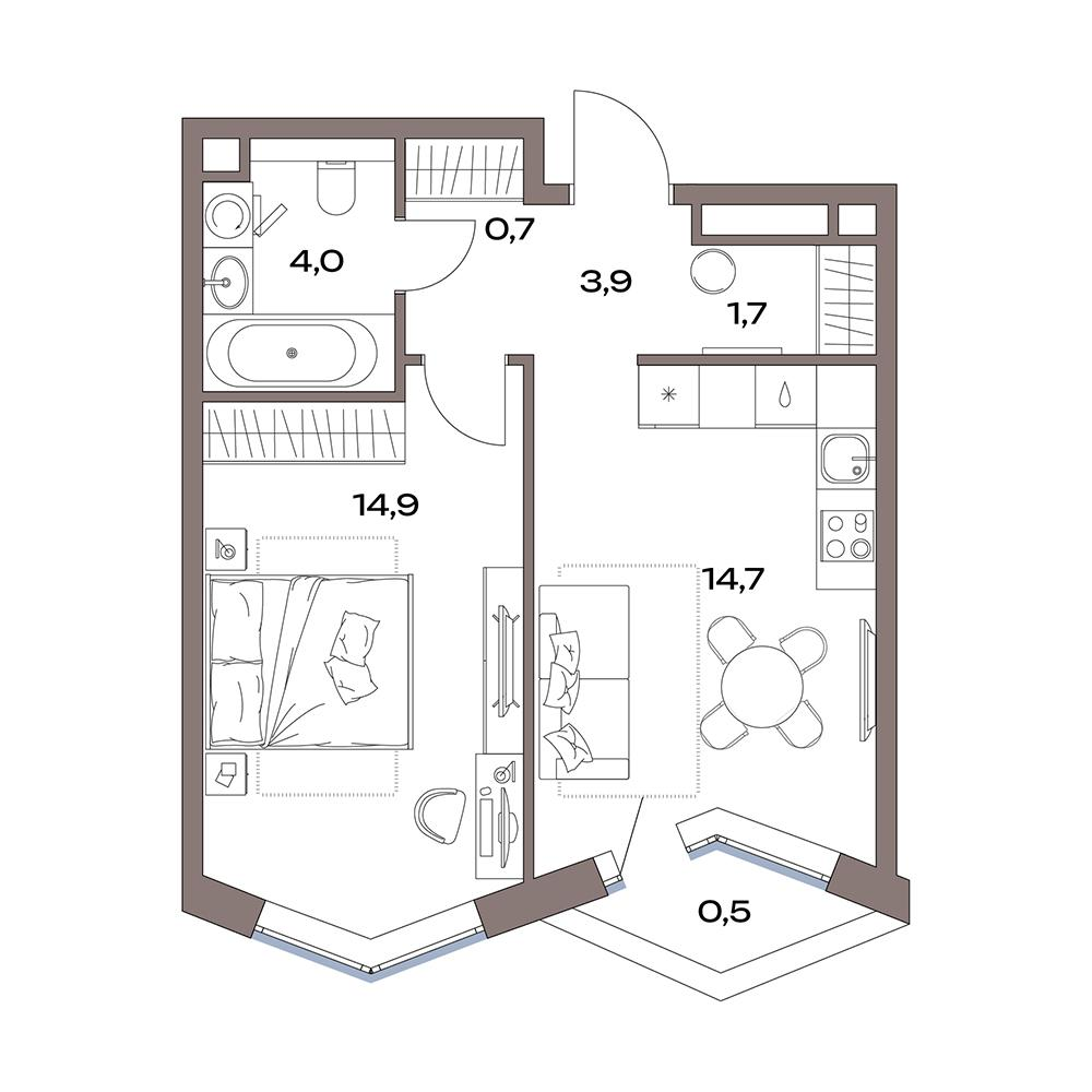 1-комнатная 40 м2 в ЖК Акценты корпус null этаж 6