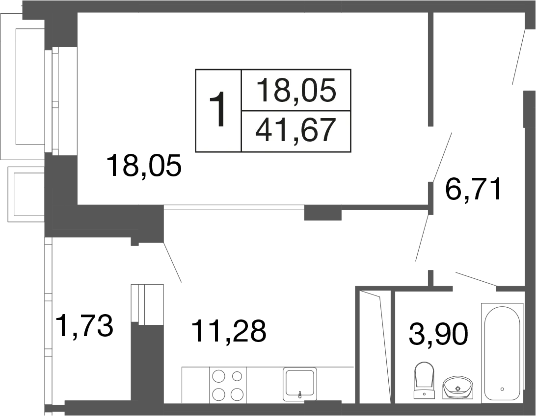 1-комнатная 41 м2 в ЖК Времена года корпус null этаж 1