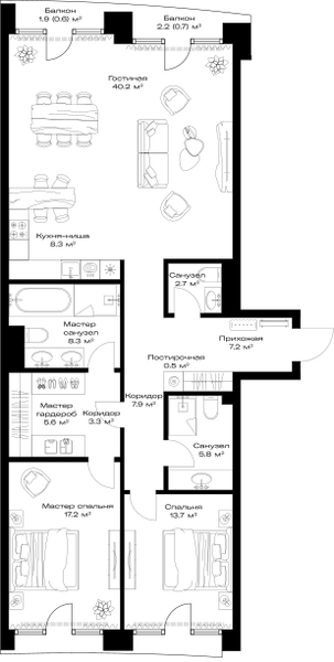 2-комнатная 122 м2 в ЖК Opus корпус null этаж 3
