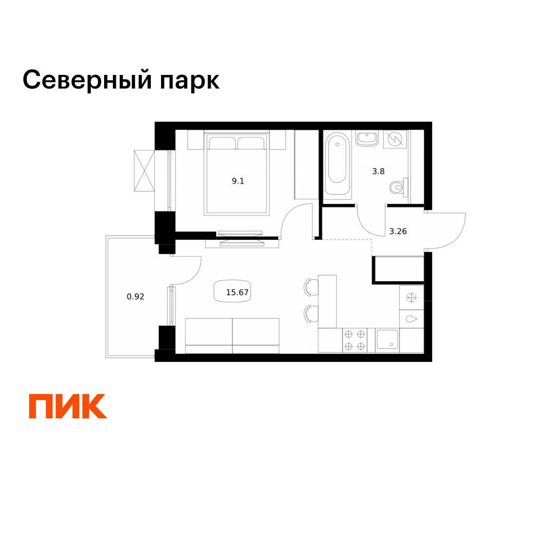 1-комнатная 32 м2 в ЖК Северный парк корпус null этаж 4