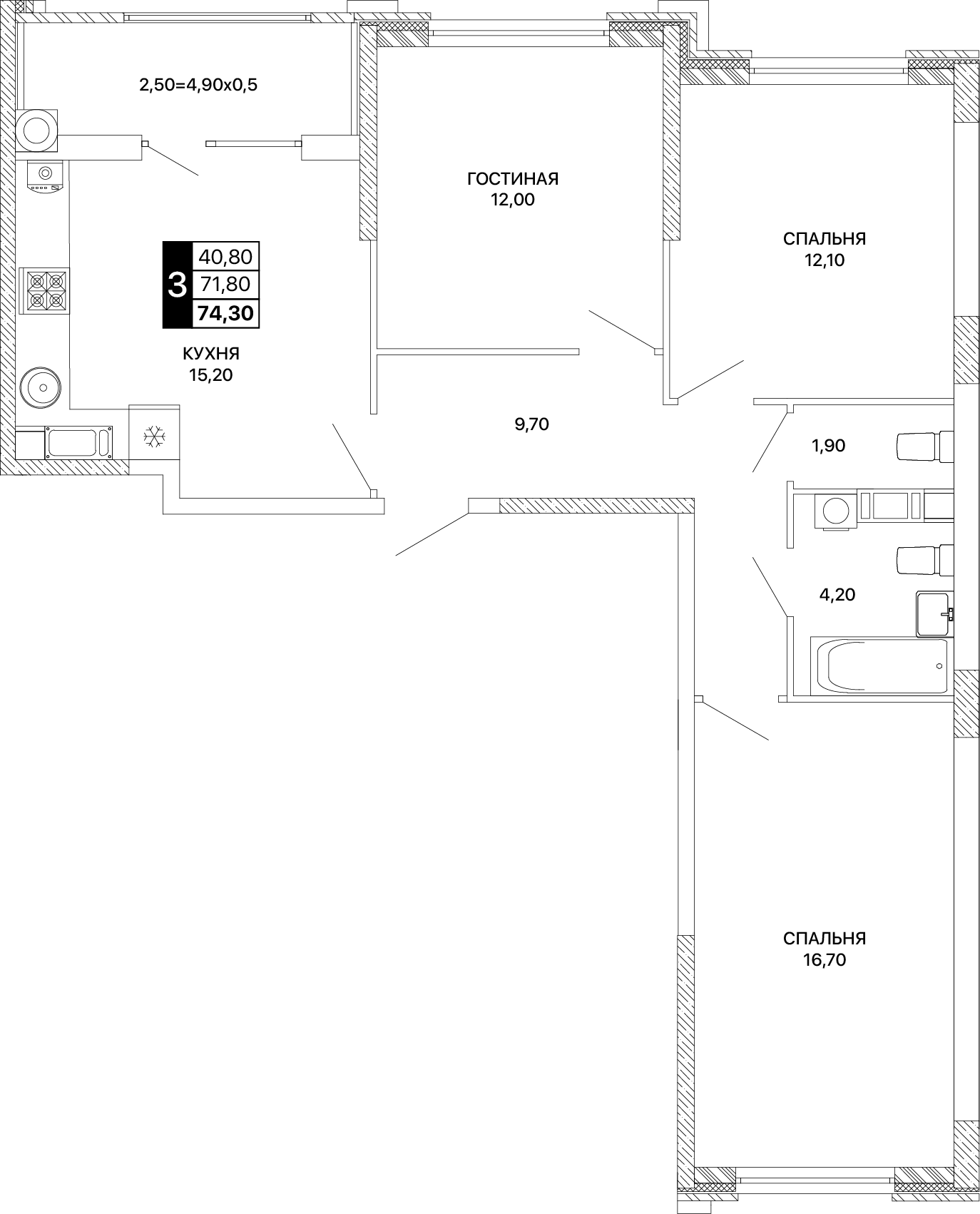 3-комнатная 74 м2 в ЖК Сияние корпус null этаж 6