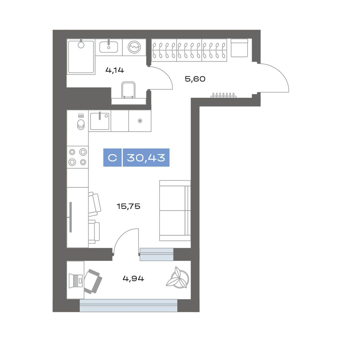 1-комнатная 30 м2 в ЖК Пятнашка корпус null этаж 3