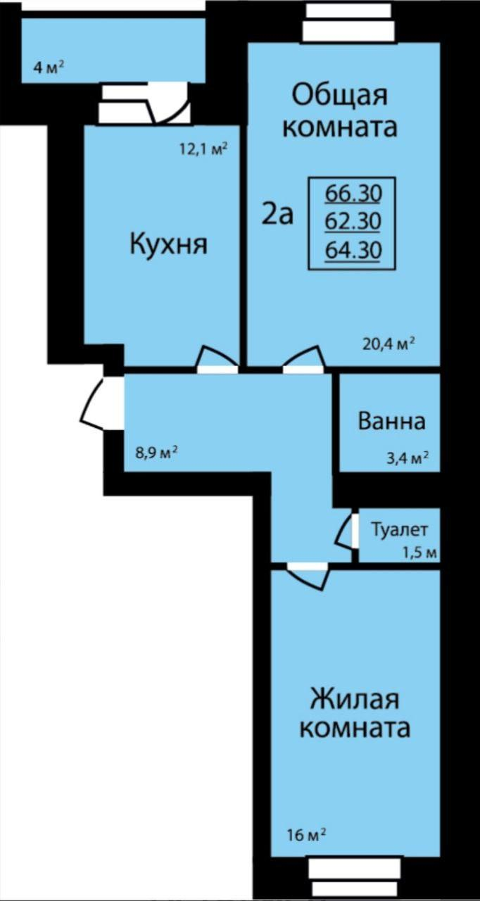 2-комнатная 66.3 м2 в ЖК undefined корпус null этаж 8