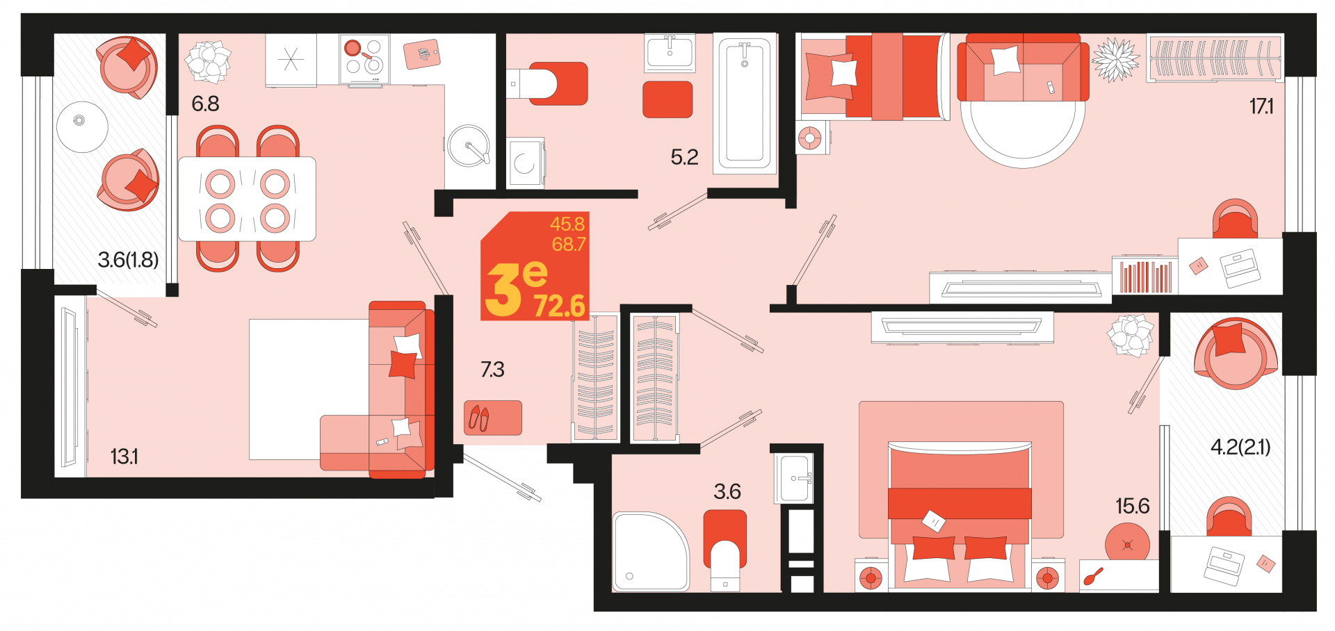 3-комнатная 77.7 м2 в ЖК undefined корпус null этаж 2