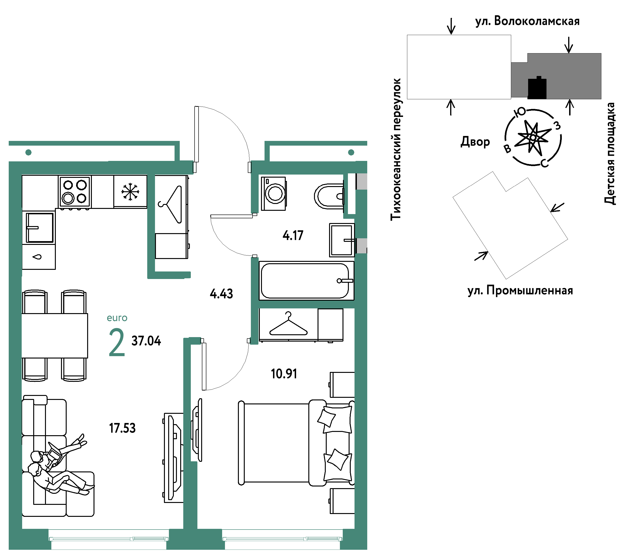2-комнатная 37 м2 в ЖК Страна.Прибрежная корпус null этаж 12