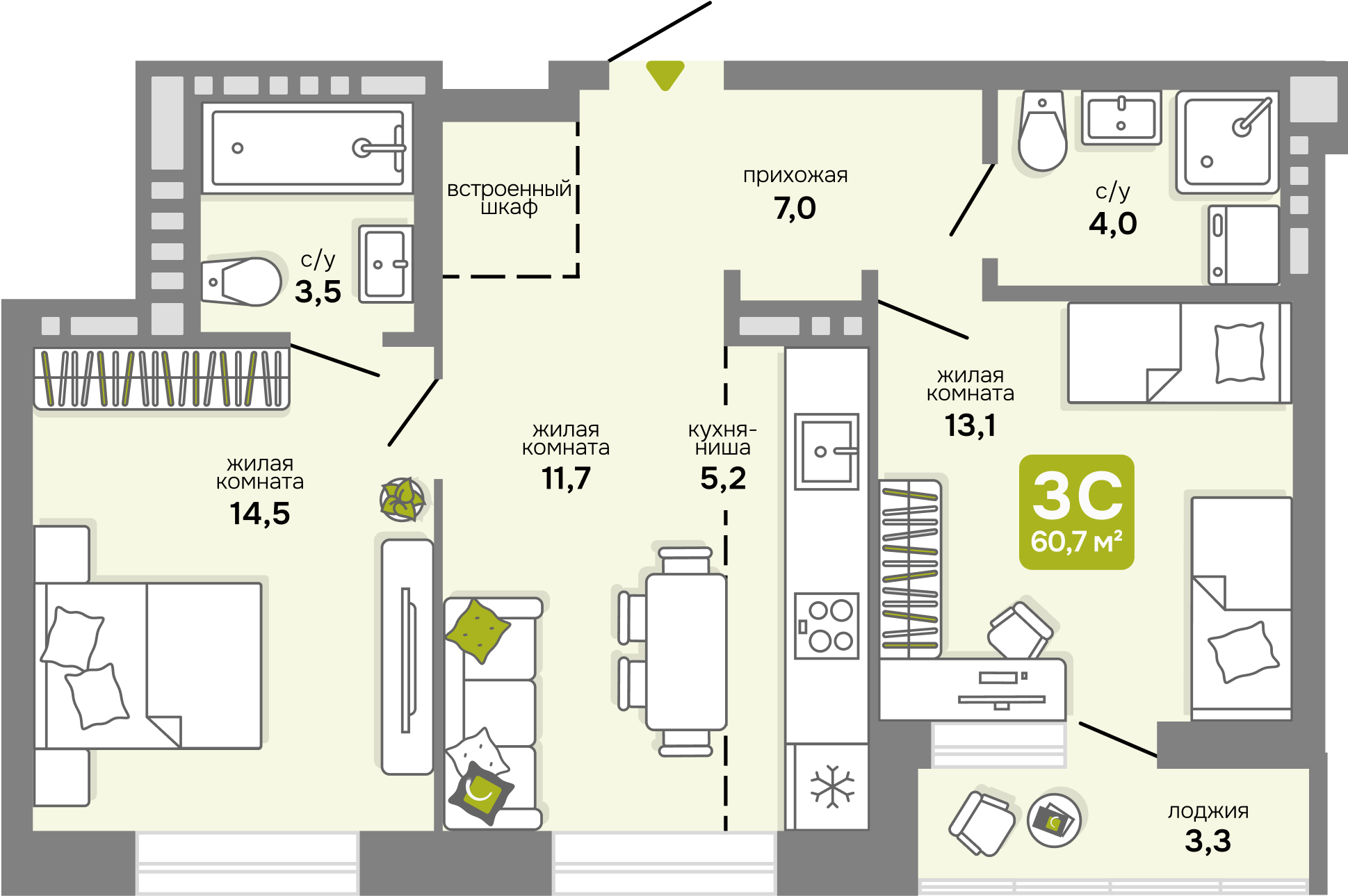 Студия 60 м2 в ЖК Счастливый квартал корпус null этаж 18