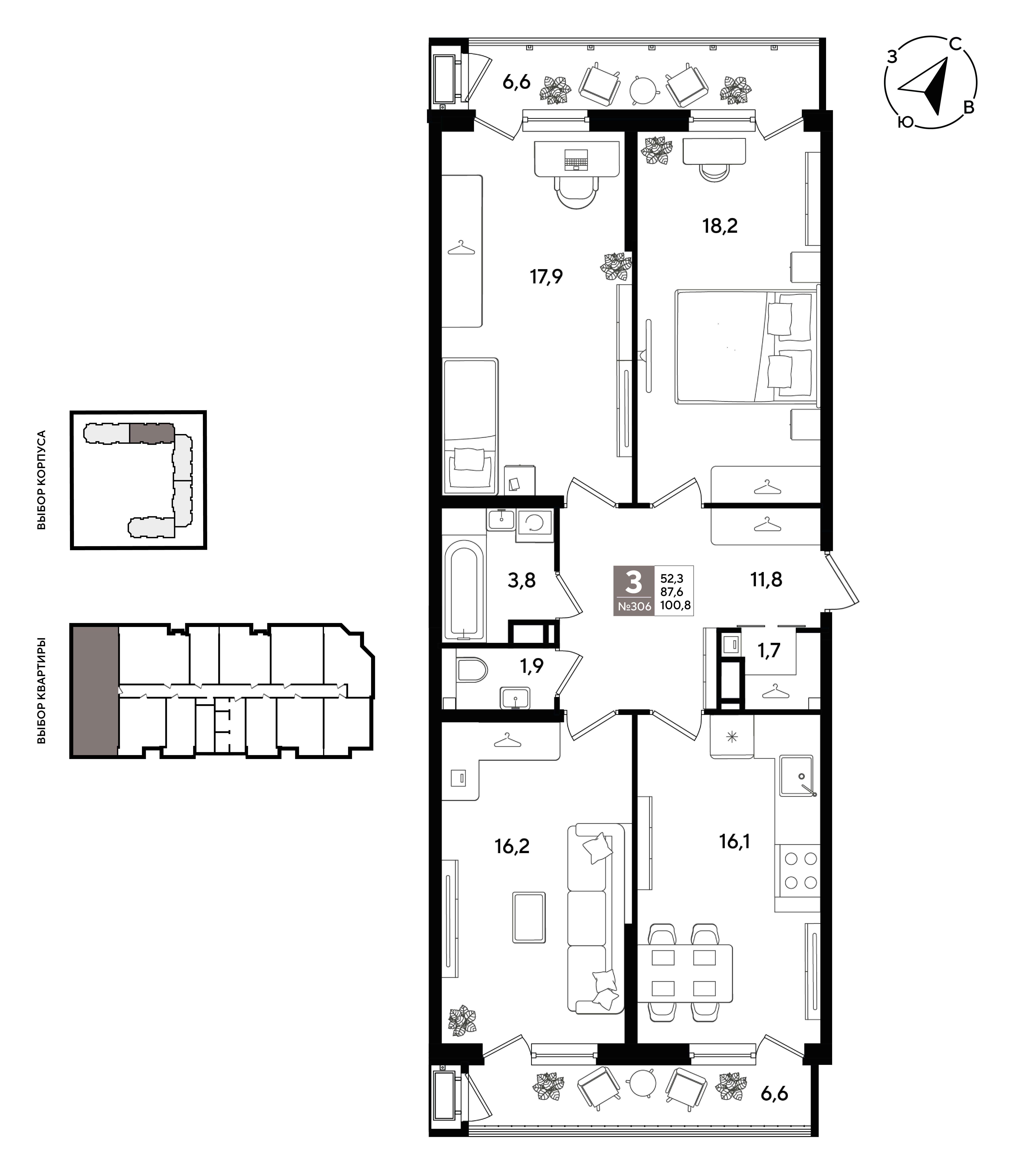 3-комнатная 100 м2 в ЖК Рекорд 2 корпус null этаж 11