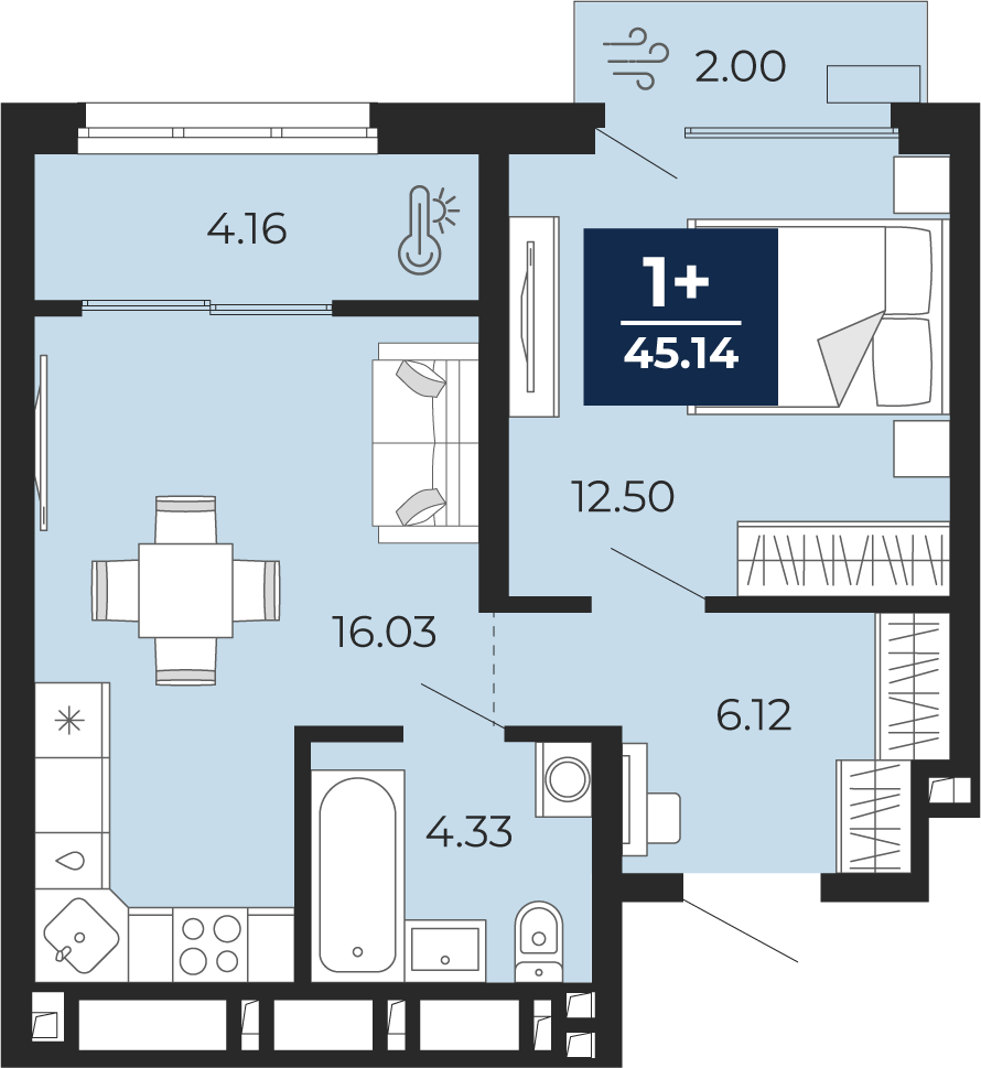 1-комнатная 43 м2 в ЖК Беринг корпус null этаж 13
