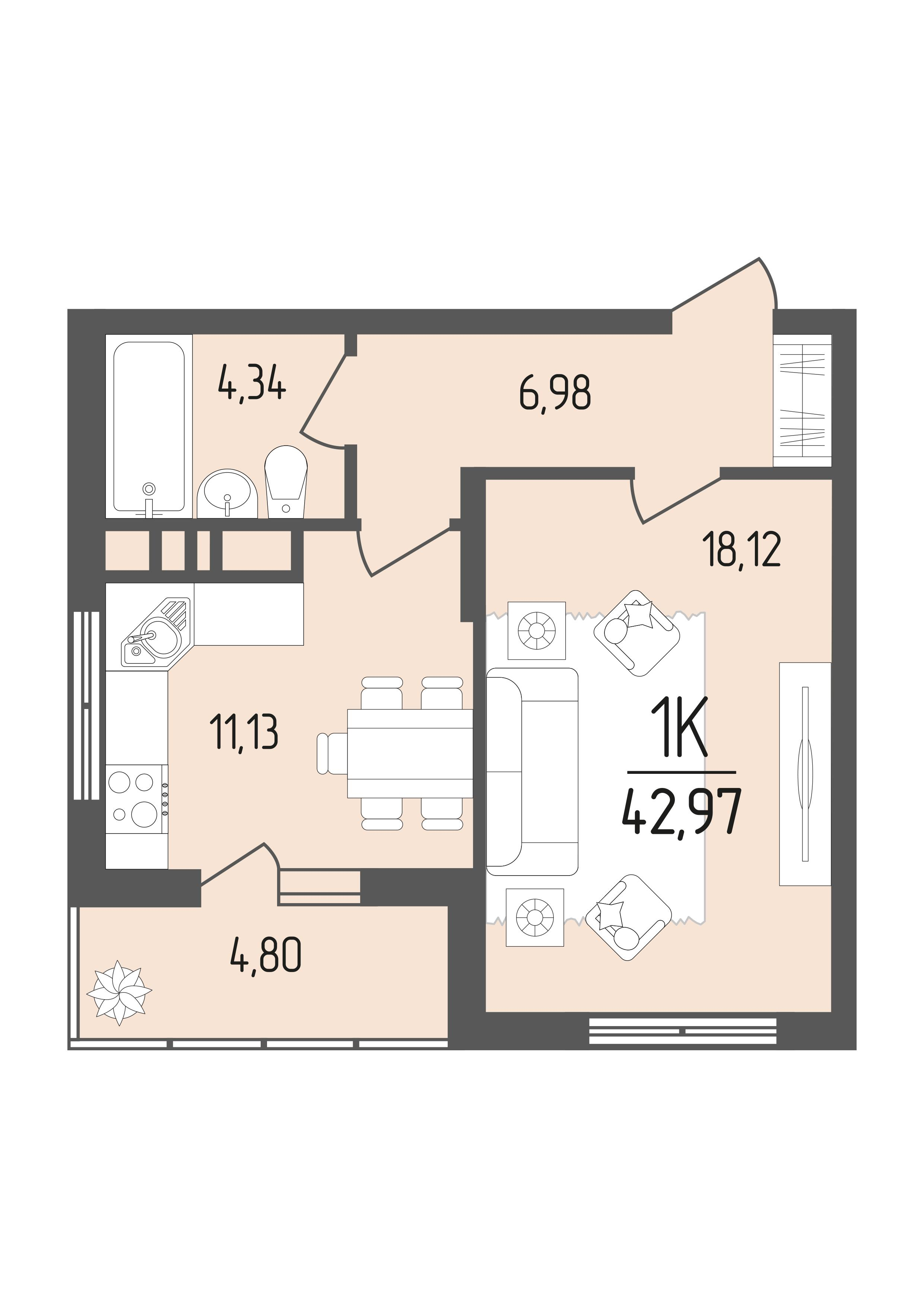 1-комнатная 42 м2 в ЖК Кумир корпус null этаж 7