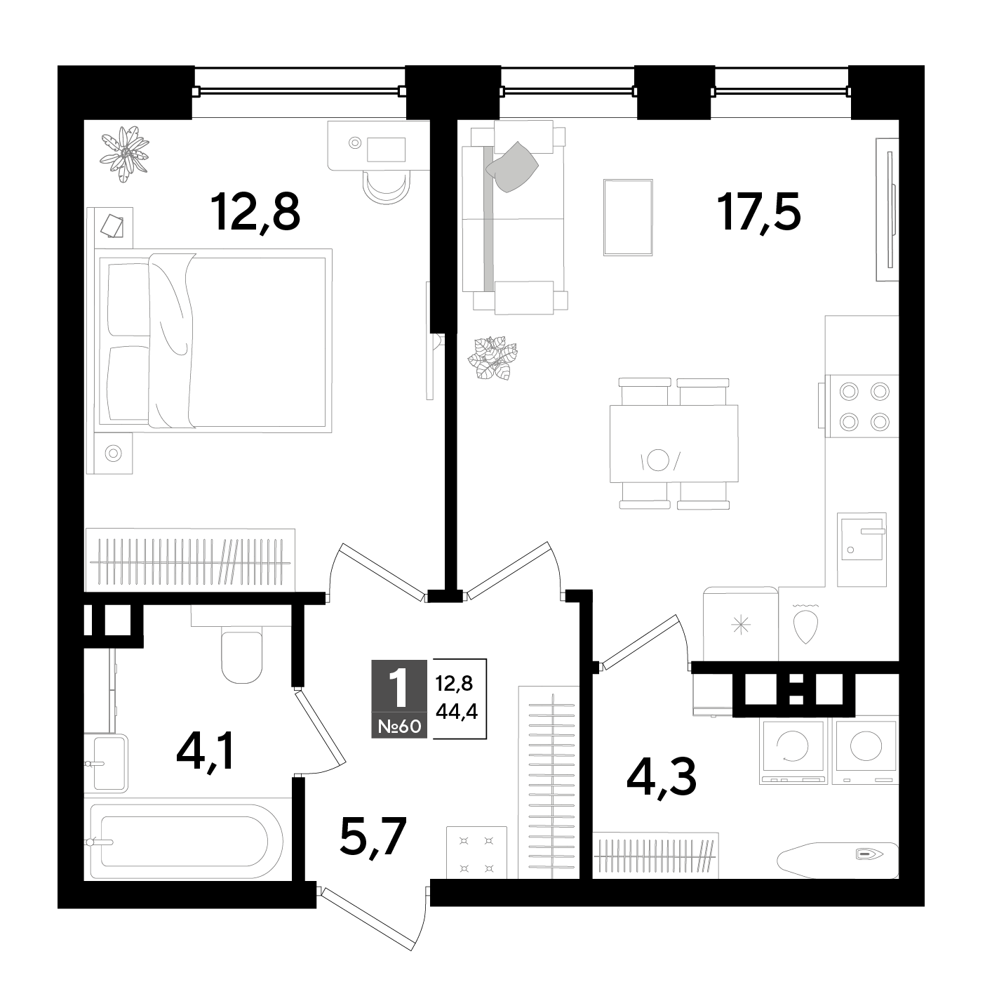 1-комнатная 44 м2 в ЖК Догма Парк корпус null этаж 9
