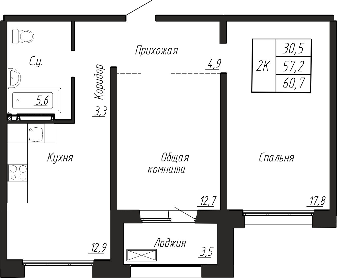 2-комнатная 60 м2 в ЖК Сибирь корпус null этаж 13