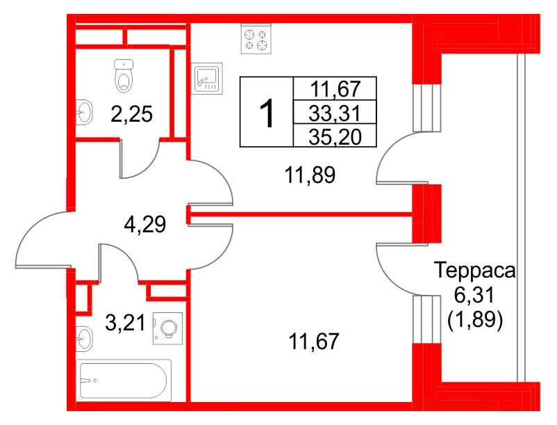 1-комнатная 35 м2 в ЖК Кронфорт. Центральный корпус null этаж 4