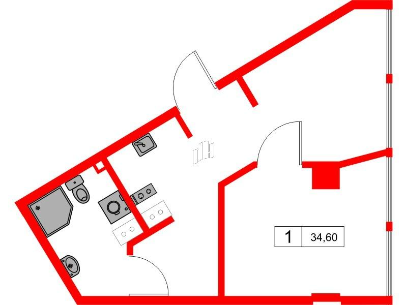1-комнатная 34 м2 в ЖК МОСКО корпус null этаж 3