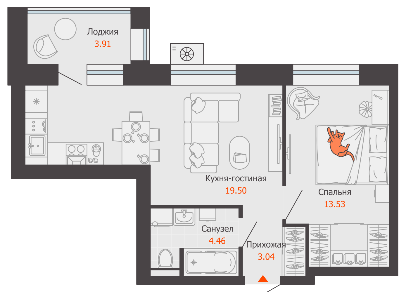 2-комнатная 42 м2 в ЖК Зарядное корпус null этаж 3