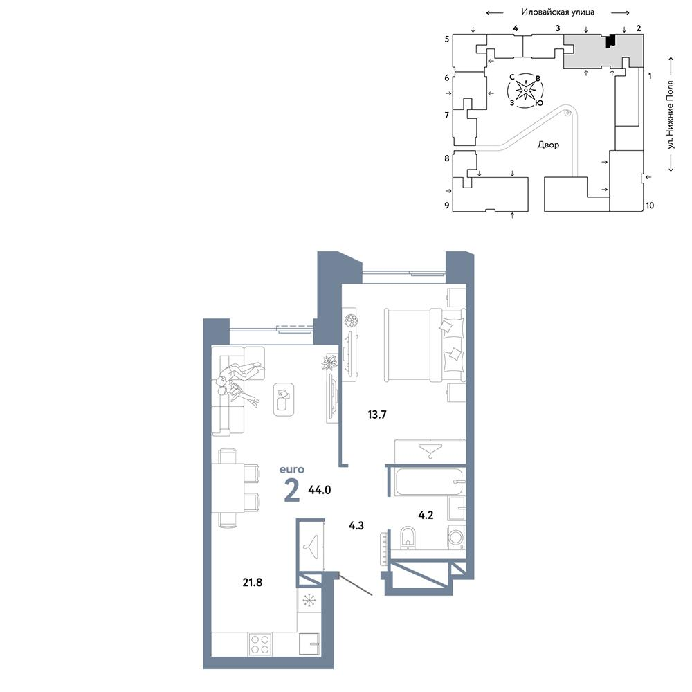 2-комнатная 44 м2 в ЖК Страна.Заречная корпус null этаж 5