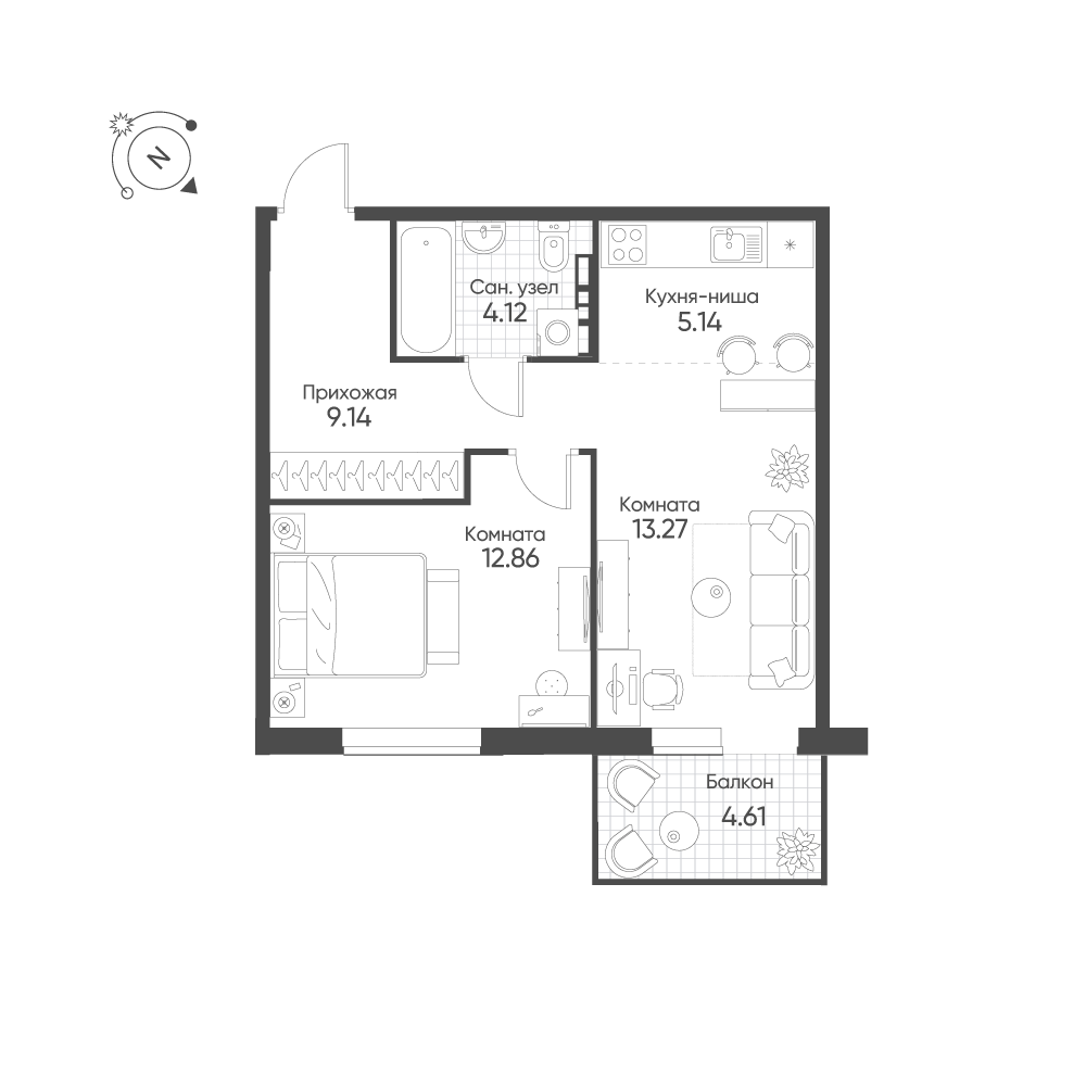 2-комнатная 45 м2 в ЖК Балтым-Парк корпус null этаж 4