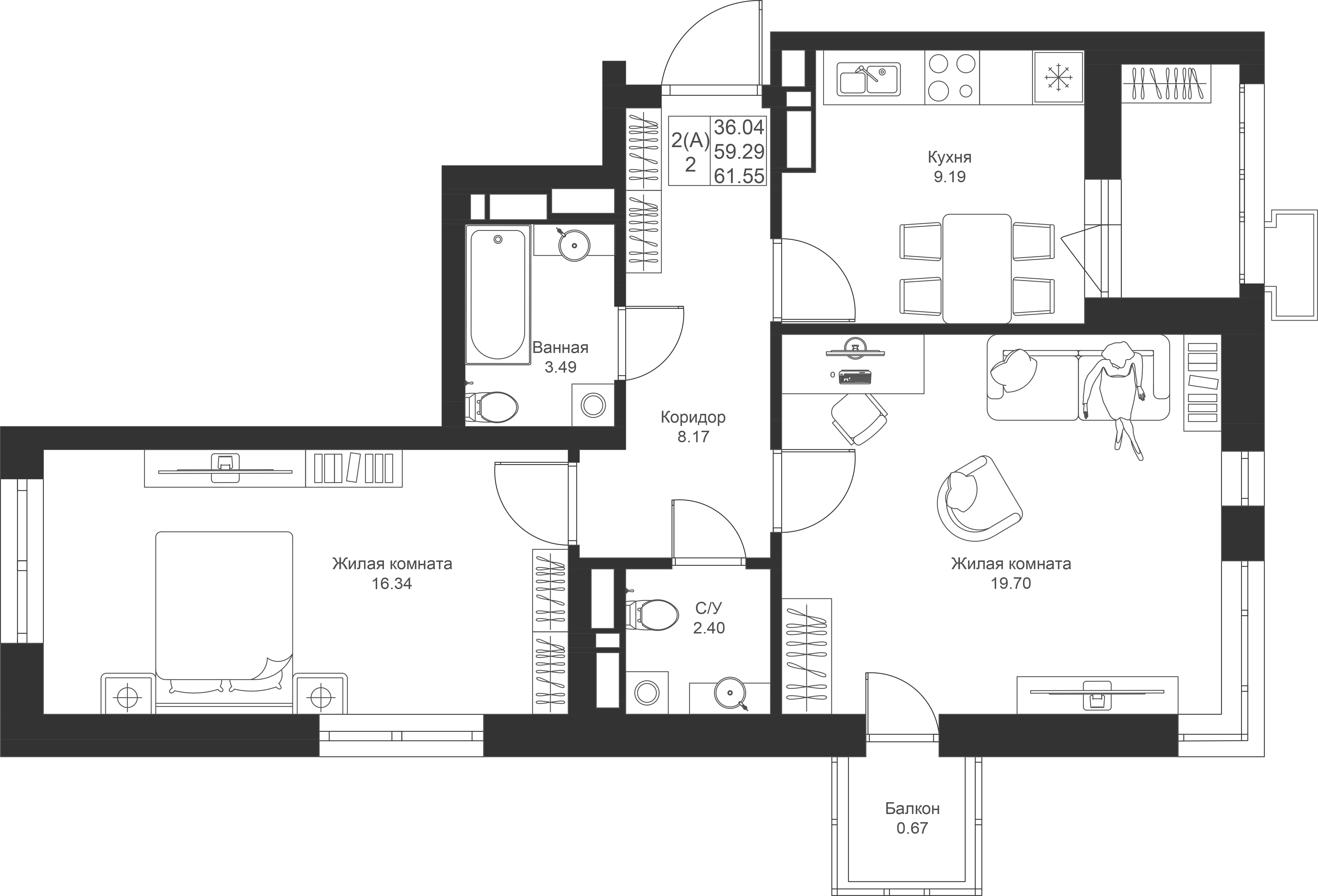 2-комнатная 61 м2 в ЖК Солнечный город корпус null этаж 6
