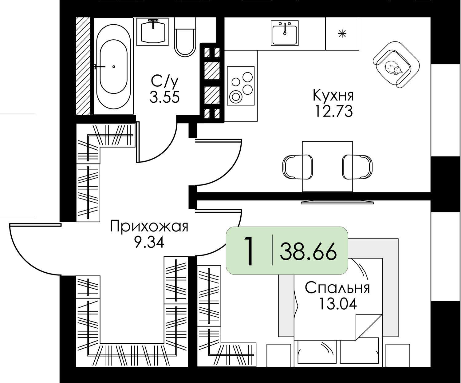 1-комнатная 38 м2 в ЖК Урбан Парк корпус null этаж 2