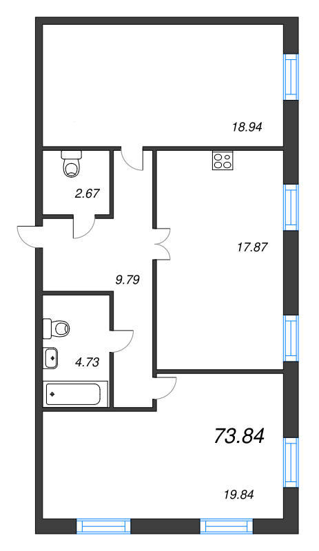 2-комнатная 73 м2 в ЖК ID Park Pobedy корпус null этаж 2