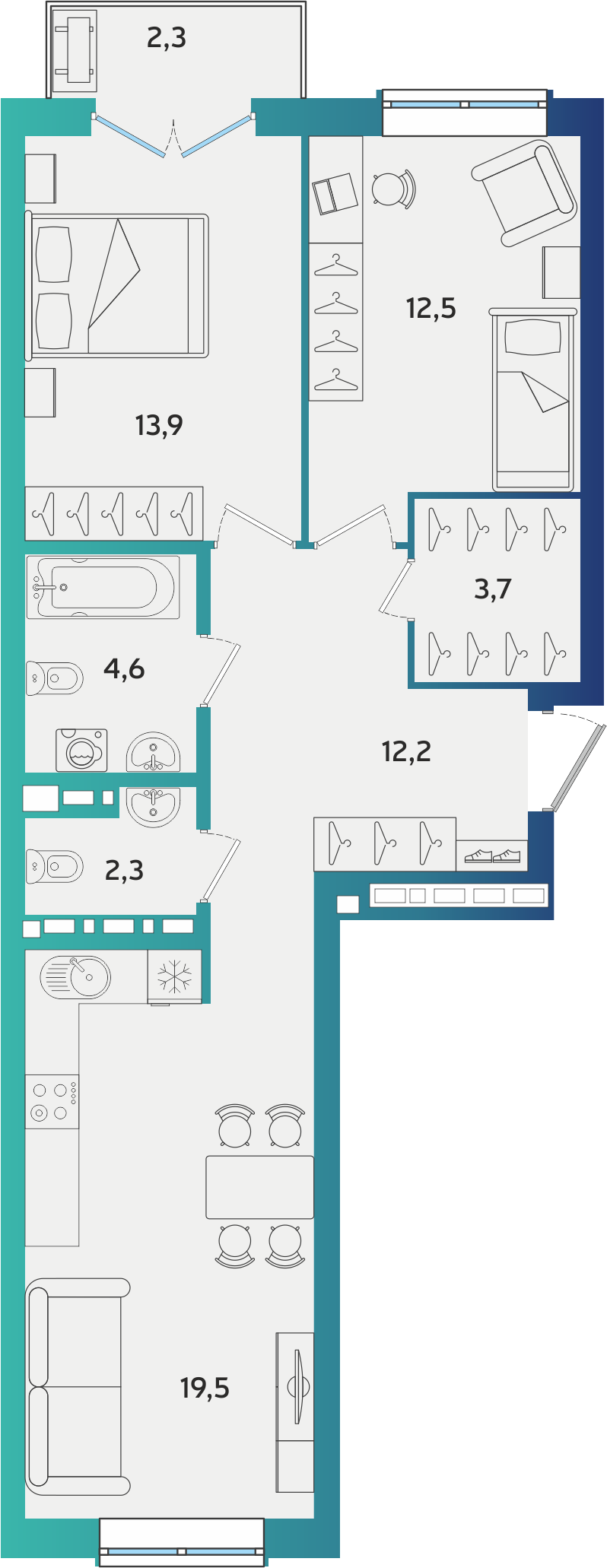 2-комнатная 69 м2 в ЖК Экополис корпус null этаж 5