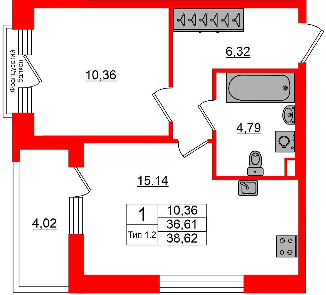 1-комнатная 36 м2 в ЖК Setl Ривьера корпус null этаж 2