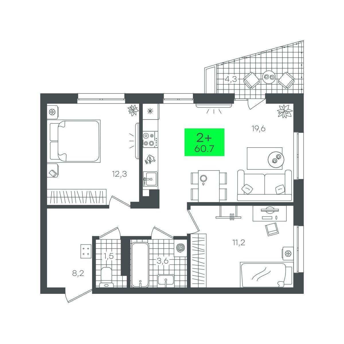 2-комнатная 60 м2 в ЖК Сезоны корпус null этаж 7