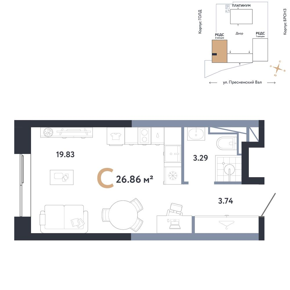 1-комнатная 26 м2 в ЖК Репаблик корпус null этаж 4