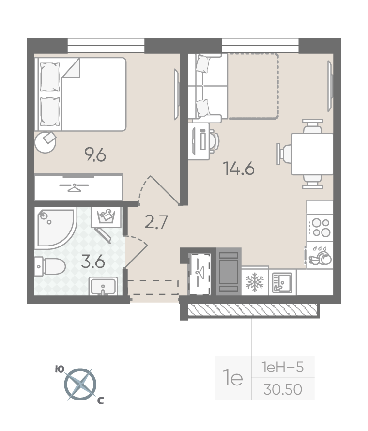 1-комнатная 30 м2 в ЖК Пейзажный квартал корпус null этаж 15