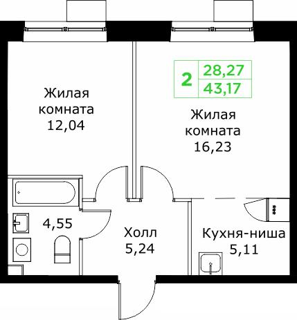 2-комнатная 43 м2 в ЖК Кит корпус null этаж 15