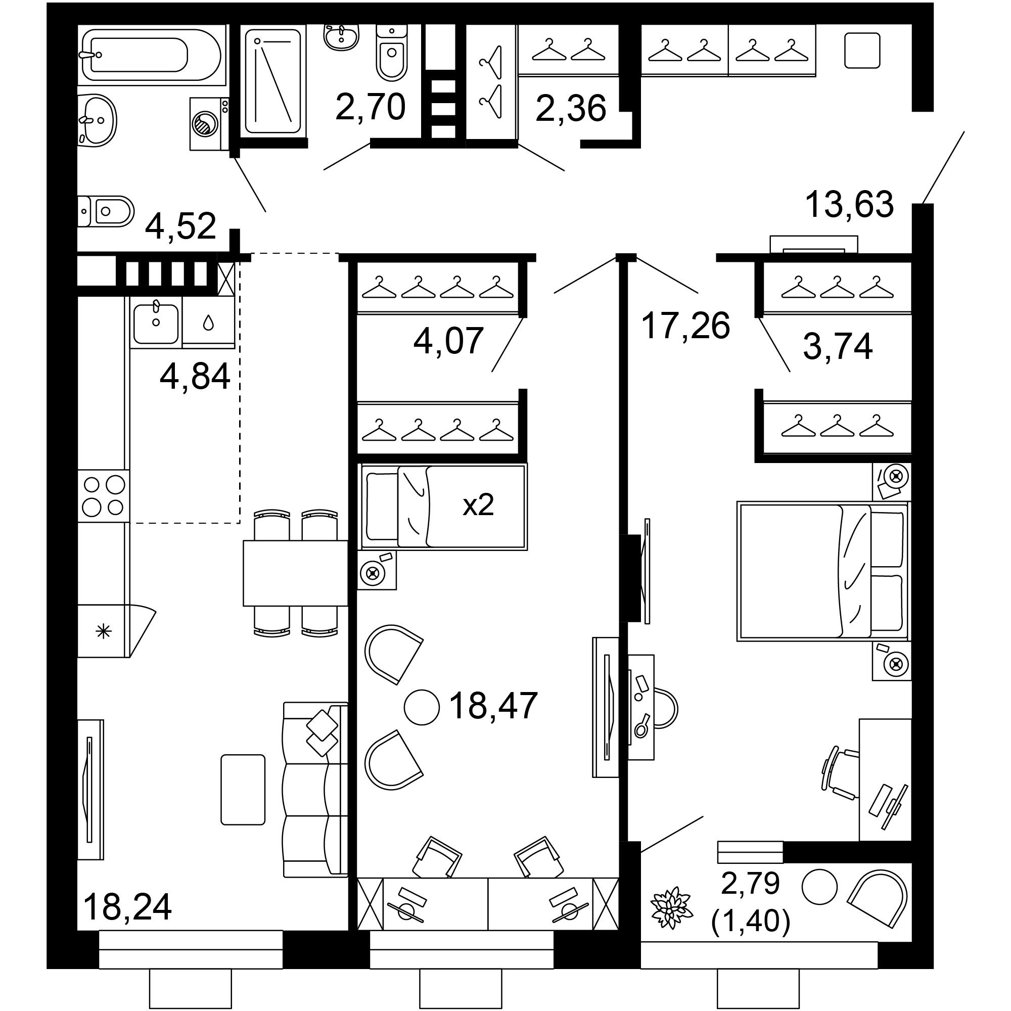3-комнатная 91 м2 в ЖК 1799 корпус null этаж 3