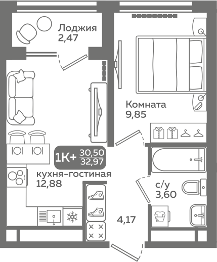 1-комнатная 32 м2 в ЖК Меридиан Слобода корпус null этаж 20
