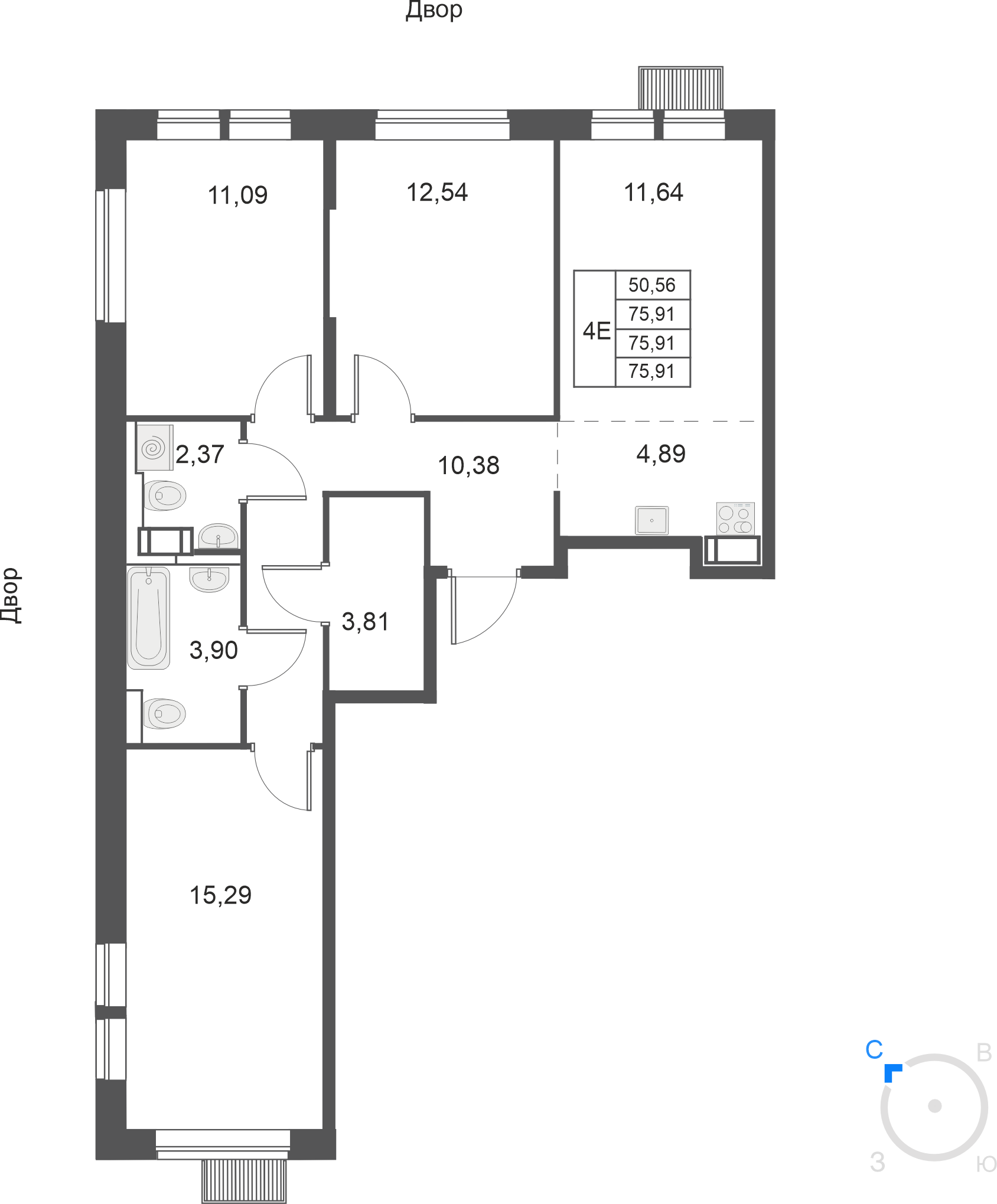 4-комнатная 75 м2 в ЖК Большое Путилково (УРАЛСИБ) корпус null этаж 5